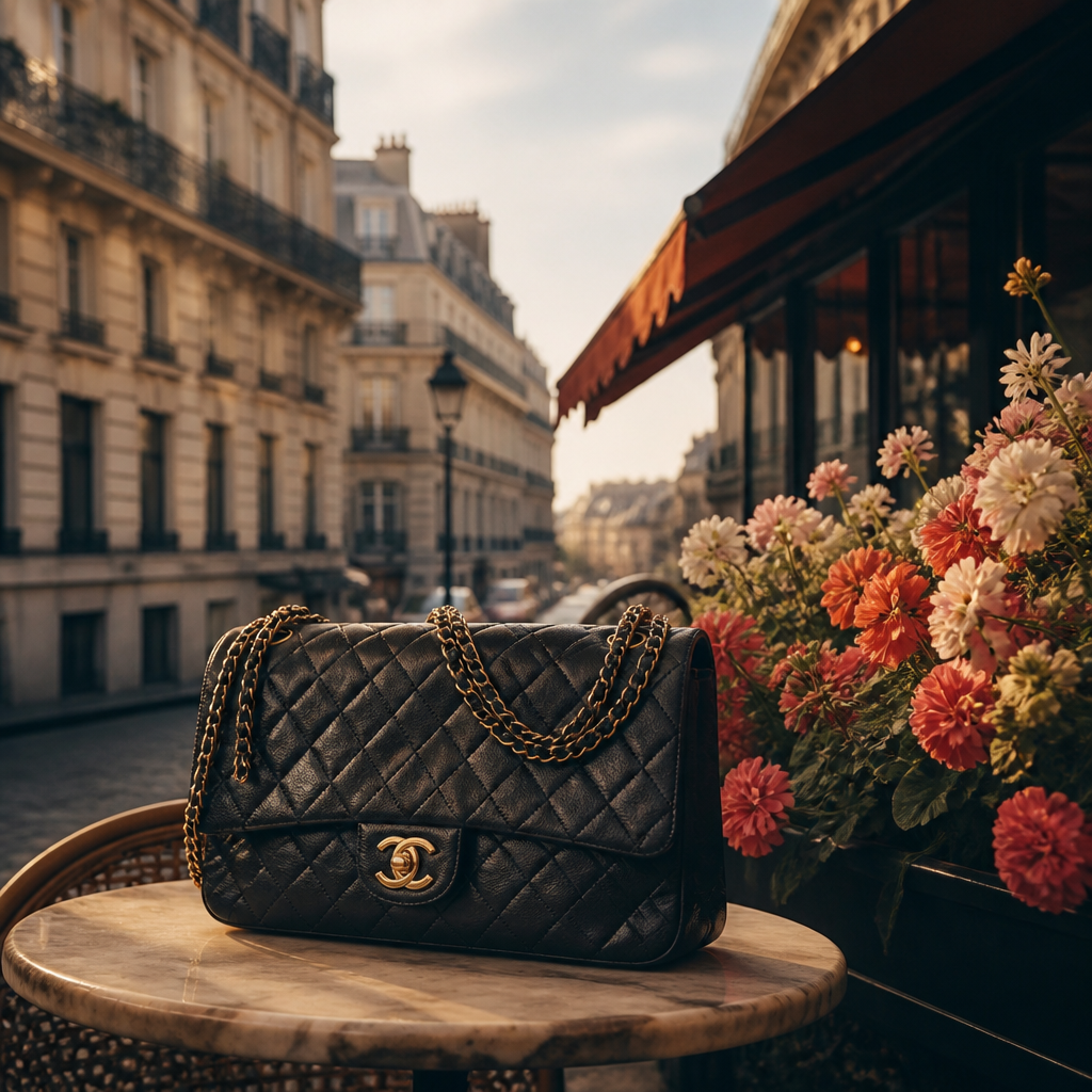 editorial fashion still life with one vintage garment as hero, textured neutral backdrop, featuring an archival Chanel piece set against a Haussmann boulevard with wrought-iron balconies and a flower-